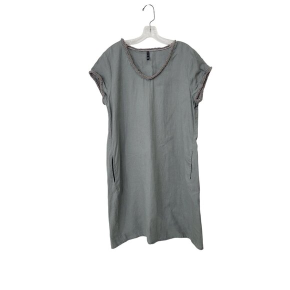 Foil 100% Linen Olive Green Knee Length Dress With Fringe Trim Women's Size 10 - Picture 5 of 6